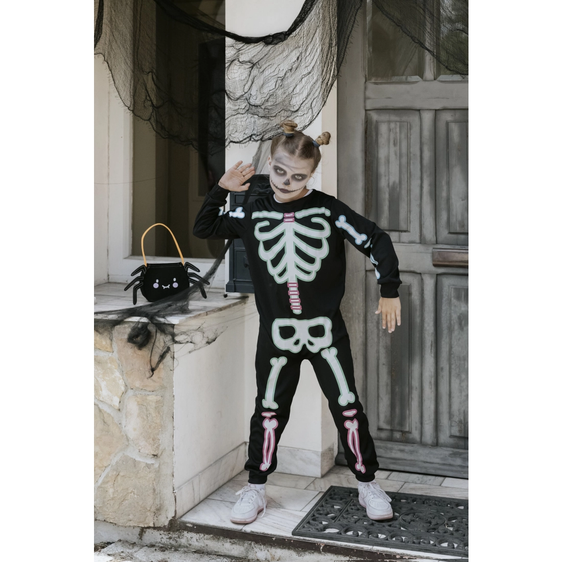 Costum pentru copii schelet, negru, fosforescent, mărime 116-128