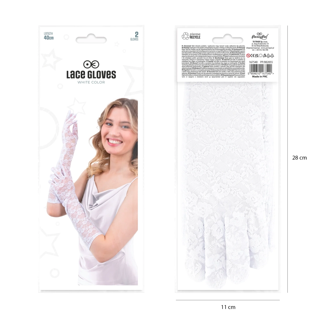 Hosszú fehér csipkés kesztyűk bulira, 40 cm