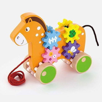 Dřevěná tahací hračka Viga kůň s ozubenými kolečky