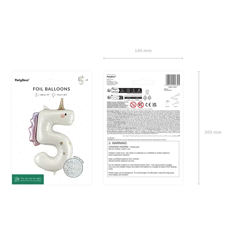 Fóliový balón číslo 5 Jednorožec, krémový holografický, 93 cm