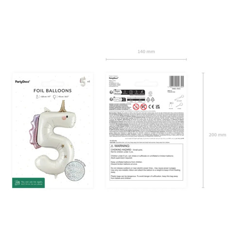Fóliový balón číslo 5 Jednorožec, krémový holografický 93 cm