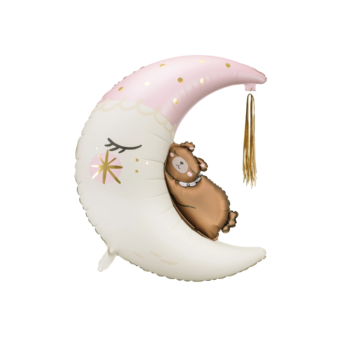 Balon din folie în formă de lună cu ursuleț și decorațiune cu ciucuri aurii 80×98 cm