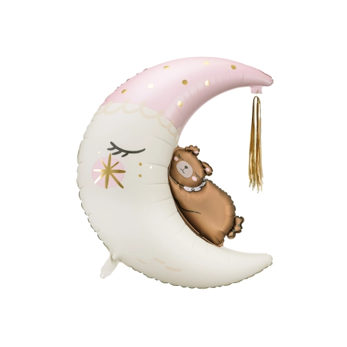 Balon din folie în formă de lună cu ursuleț și decorațiune cu ciucuri aurii 80×98 cm