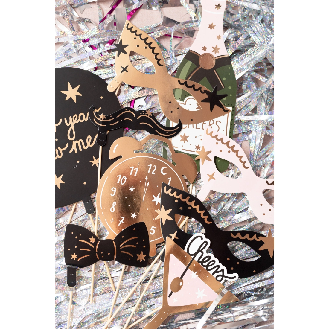 Fotorekviziti za silvestrsko zabavo – zlati in črni, 9 kosov v pakiranju