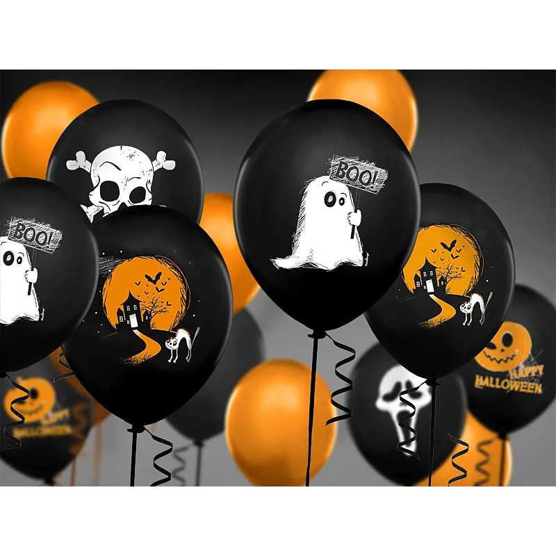 Halloween lufik fekete, 30 cm, szellemes és kísértetházas mintával, 50 db