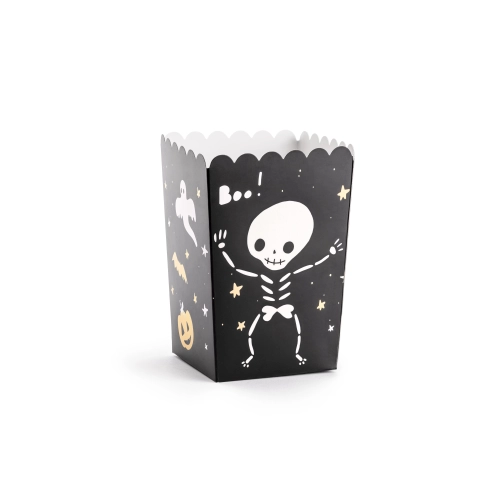 Halloween papír popcorn dobozok BOO!, fekete, 7x7x12,5 cm, 6 db