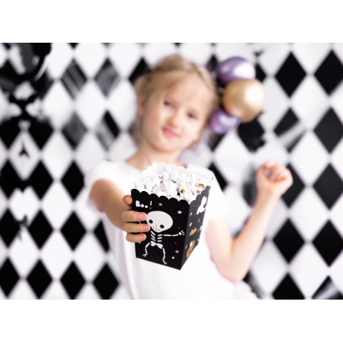 Halloween papirnate škatlice za pokovko BOO!, črne, 7 x 7 x 12,5 cm, 6 kosov