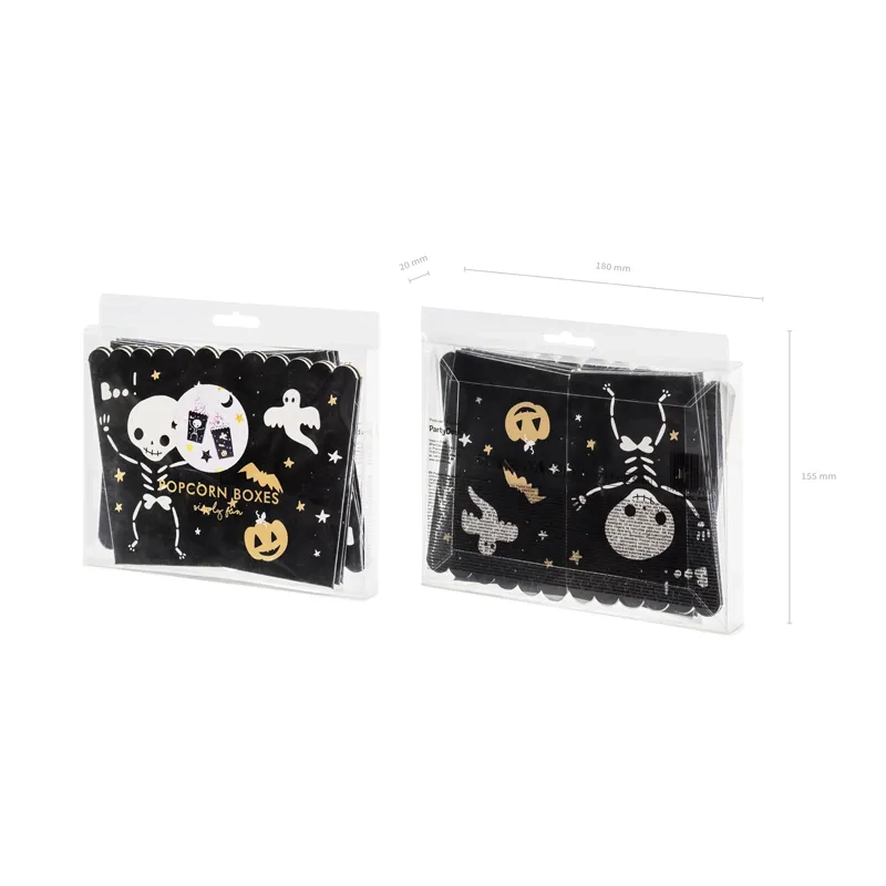 Cutii de popcorn din hârtie Halloween BOO!, negre, 7x7x12,5 cm, 6 buc.