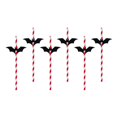 Halloween szívószálak denevérekkel, piros-fehér, 19,5 cm, 6 db