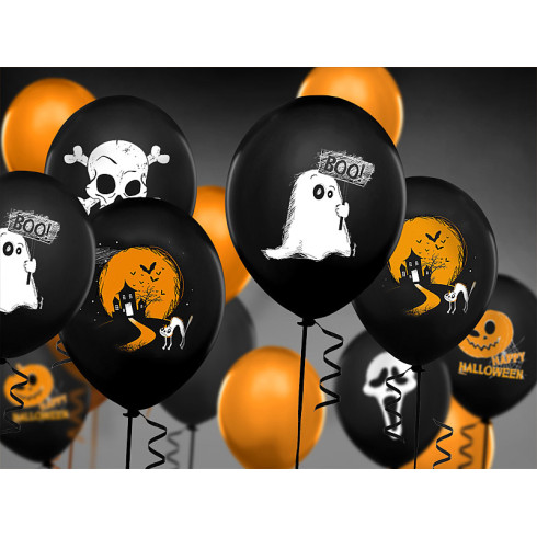 Halloween fekete lufik szellemmel és szellemekkel, 30 cm, 6 db Halloween fekete lufik szellemmel és szellemekkel, 30 cm, 6 db