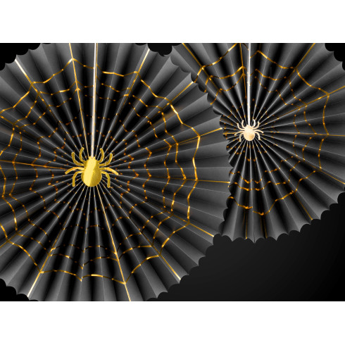 Halloweenske papirnate rozete s pajkom, črne in zlate, 32 in 40 cm, 2 kosa