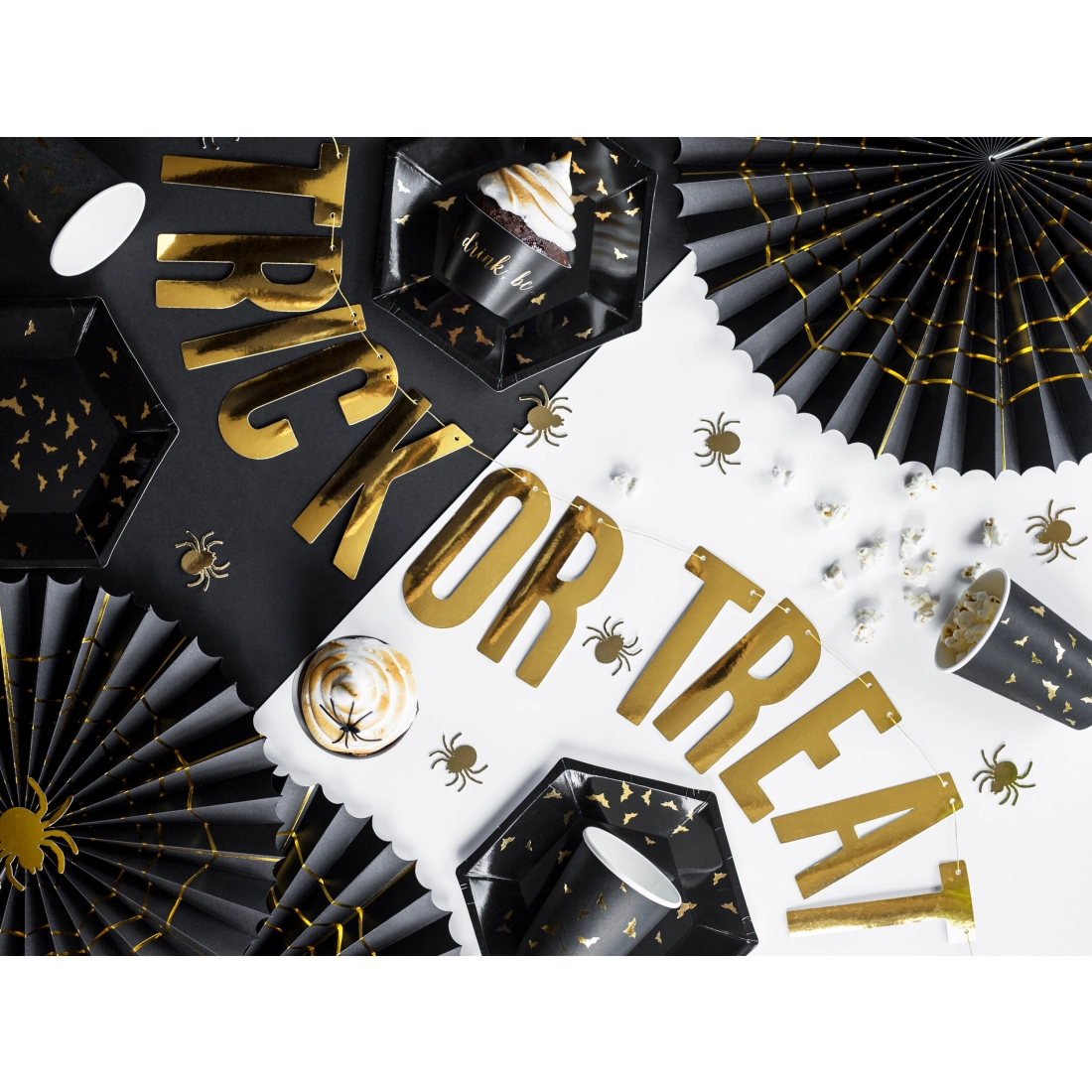 Halloweenske papierové rozety s pavúkom, čierne a zlaté, 32 a 40 cm, 2 ks