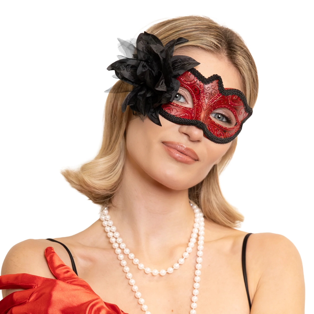 Karnavalová party maska s kvetom červená