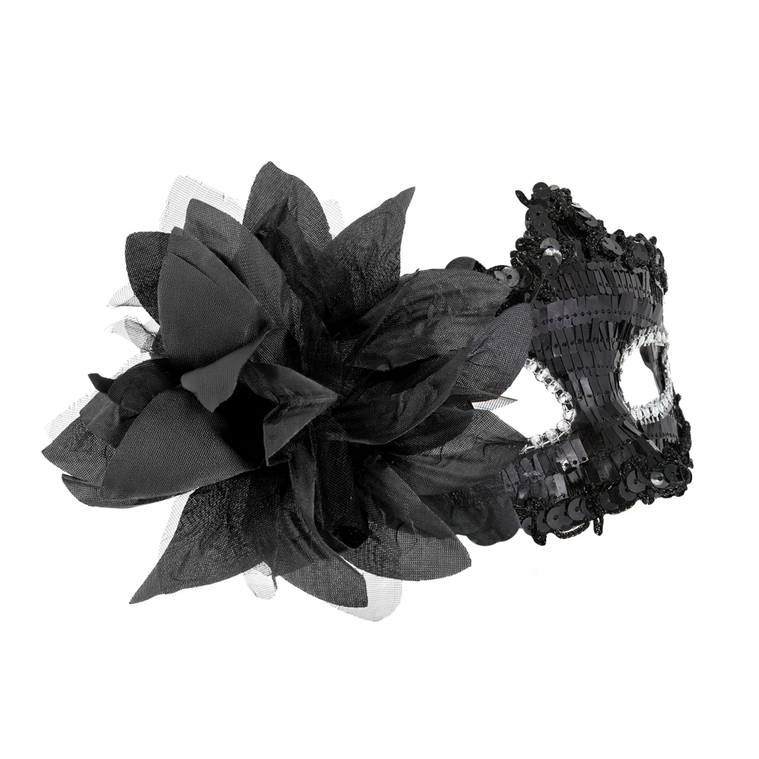 Karnevalová maska s flitrami a kvetom čierna