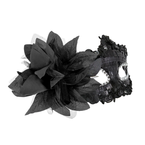 Karnevalová maska s flitrami a kvetom čierna