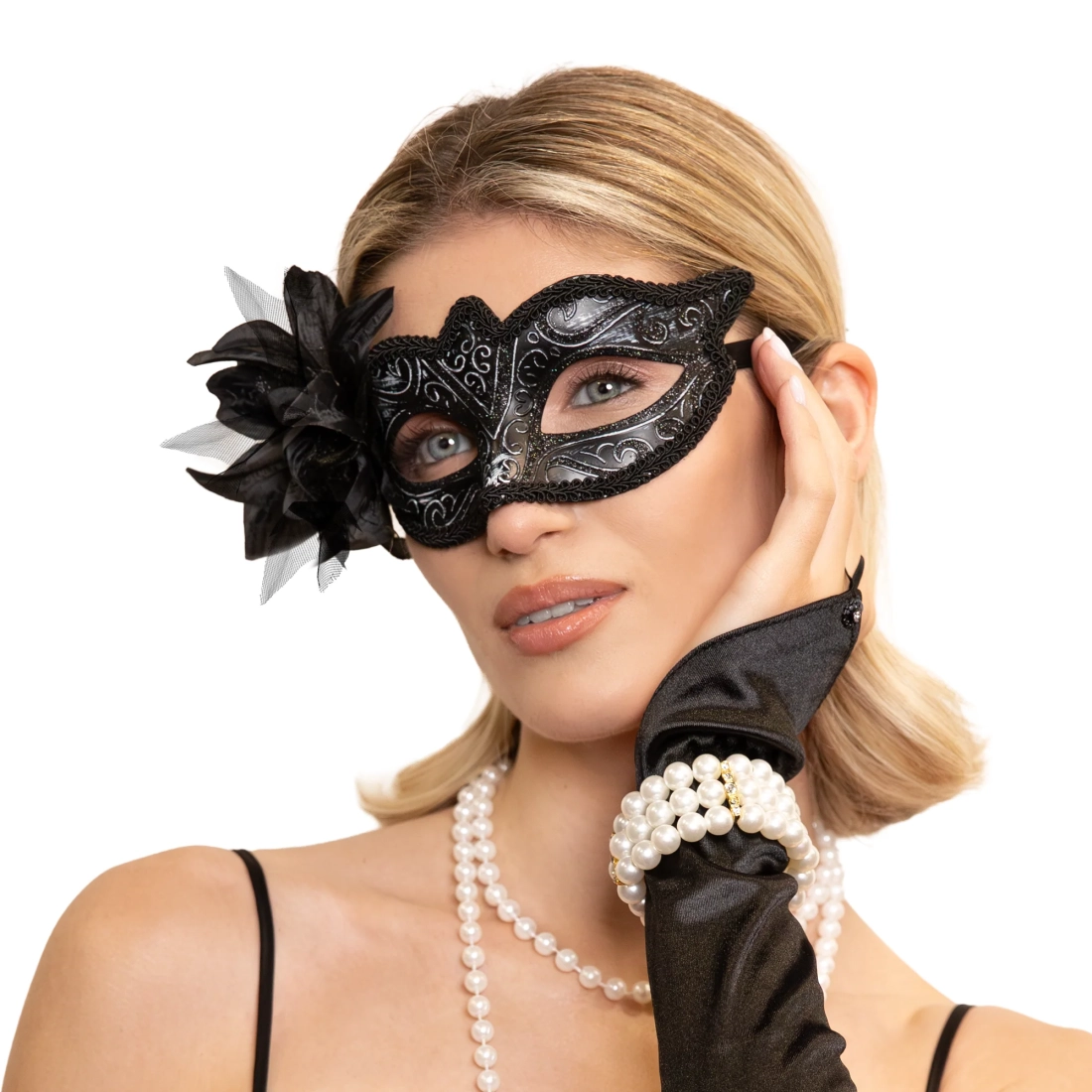 Karnevalová maska s kvetom čierna