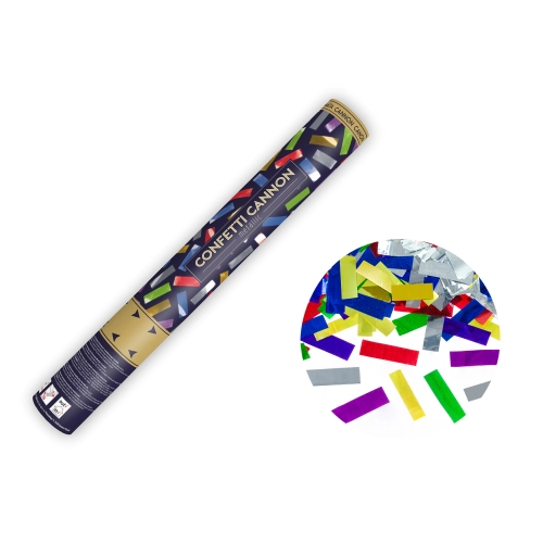Konfety kanón 40 cm – metalické farebné mix pásiky