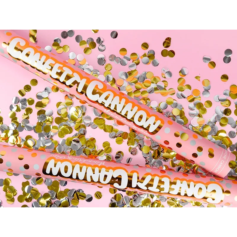 Konfetni kanon z zlatimi in srebrnimi krogi 40 cm