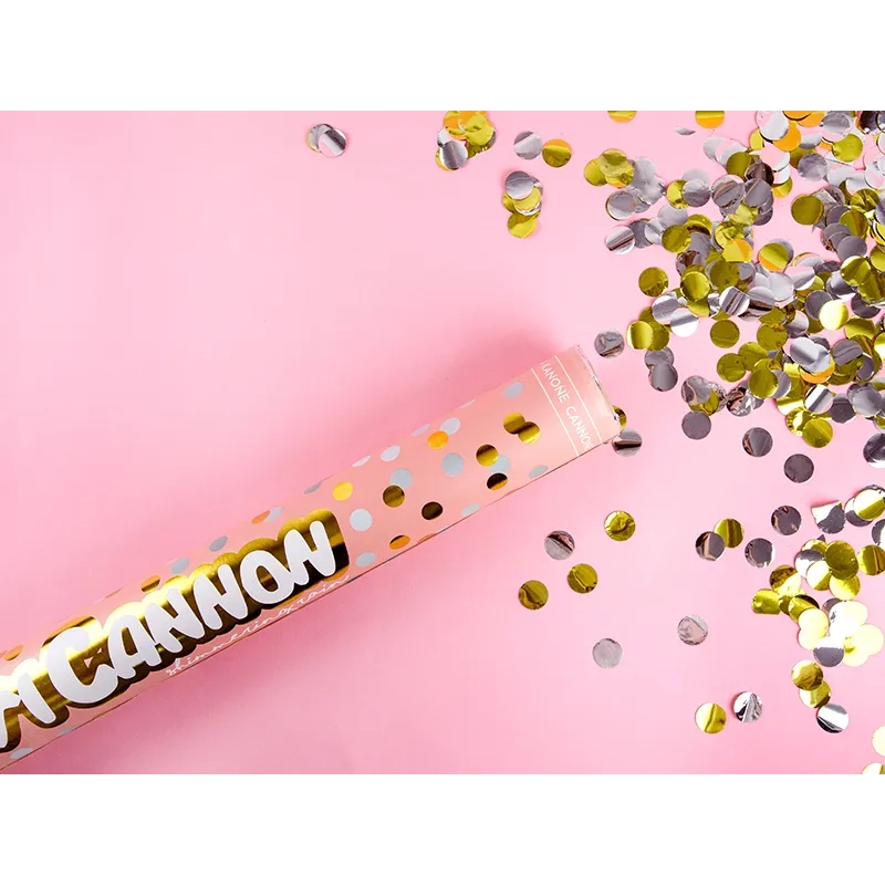 Konfetni kanon z zlatimi in srebrnimi krogi 40 cm