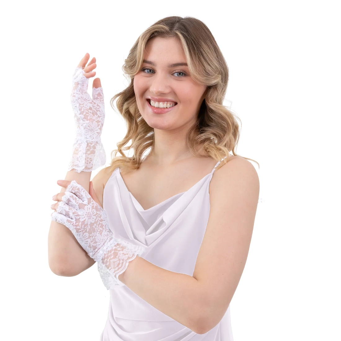 Fehér, ujjatlan csipkekesztyű partykra
