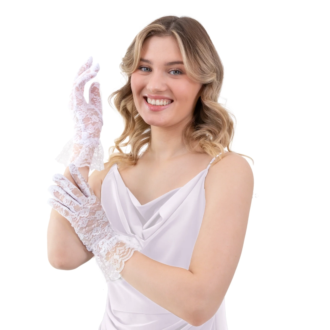 Fehér csipkekesztyű partyra, 26 cm