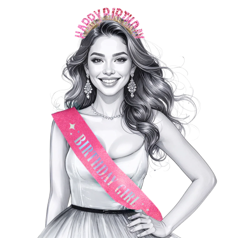 Set eșarfă de petrecere și coroniță Happy Birthday roz