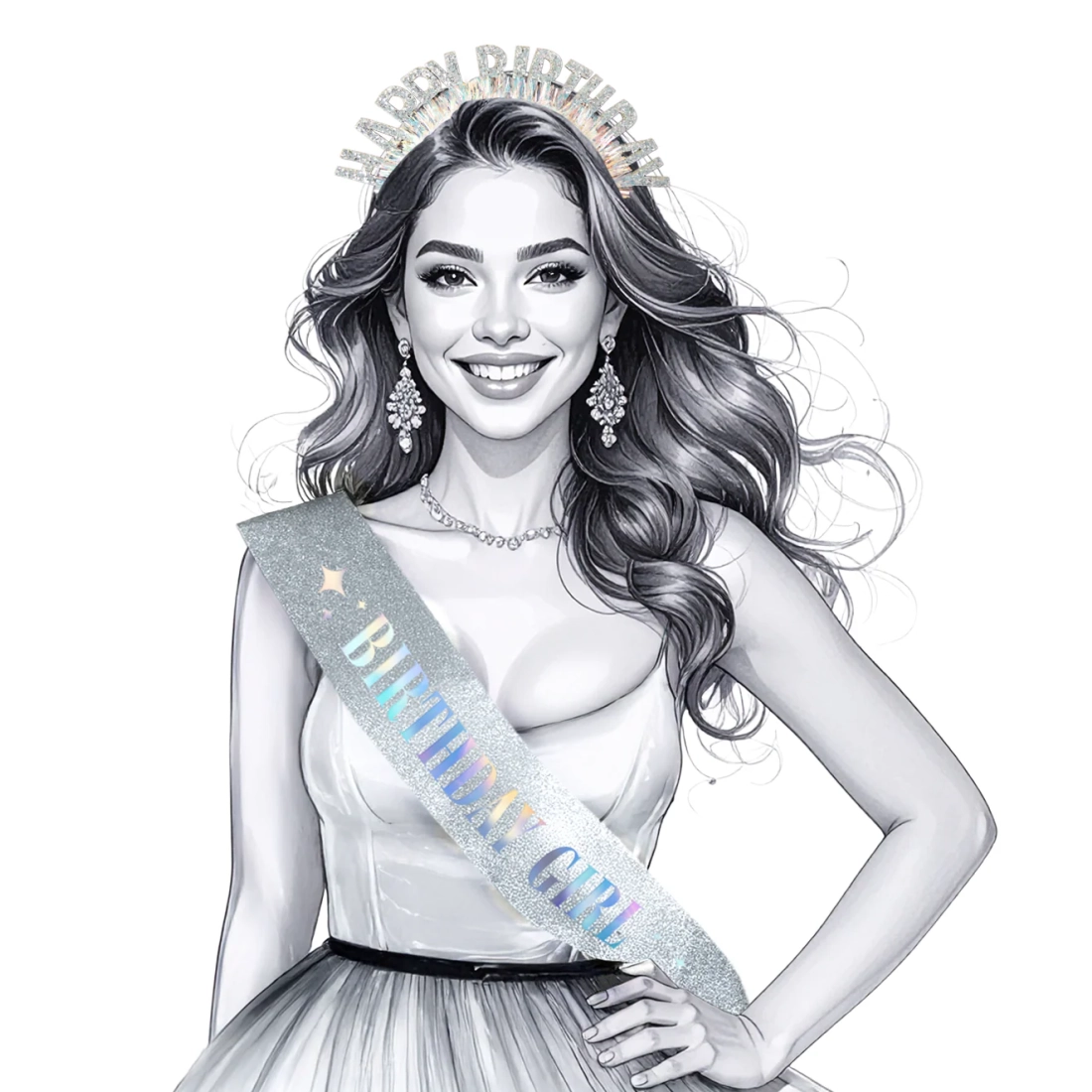 Happy Birthday szülinapi vállszalag és fejpánt, ezüst szett