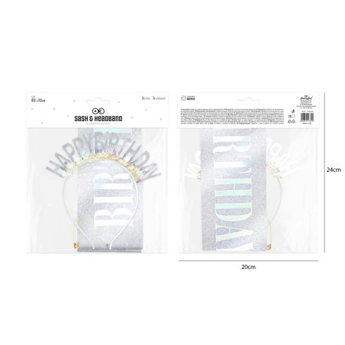 Narodeninová šerpa a čelenka Happy Birthday strieborná set