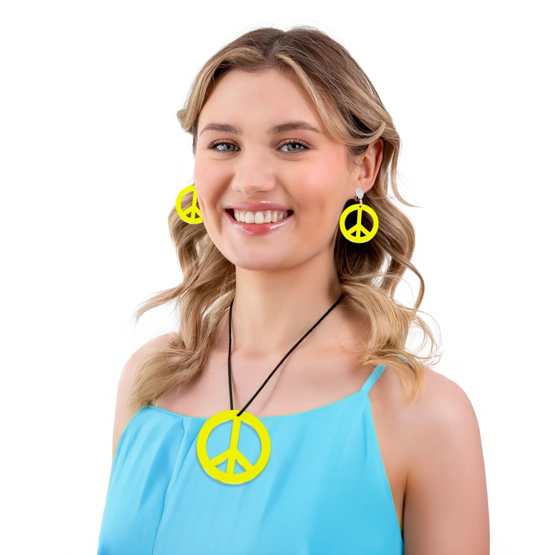 Neon set ogrlica i clip-on naušnice peace za party žuti