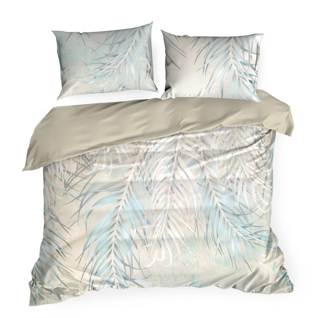 Povlečení 140x200 cm z bavlněného saténu s motivem listů, béžové a tyrkysové