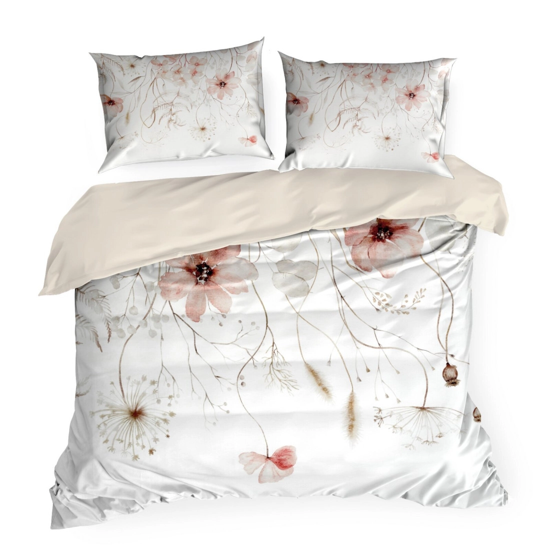 Povlečení 140x200 cm saténové bavlněné s květinovým motivem, bílé a růžové