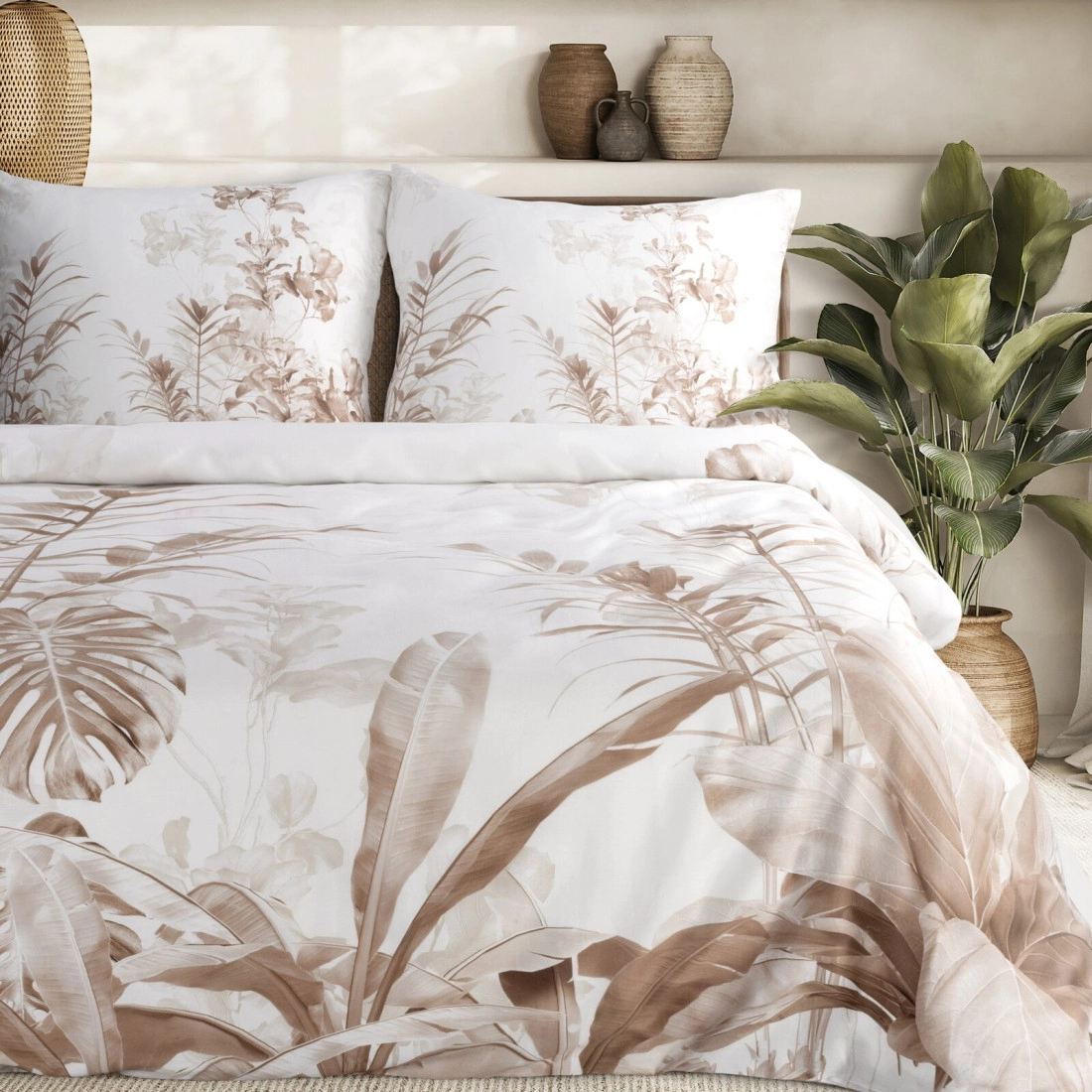 Saténové povlečení 140x200 cm s motivem listů, bílé a hnědé