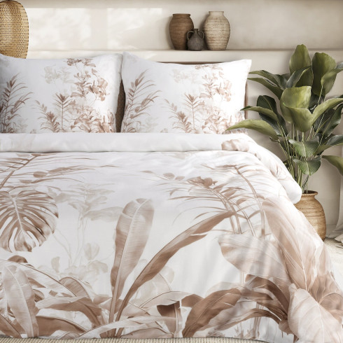 Obliečky 140x200 cm saténové s motívom listov, biele a hnedé