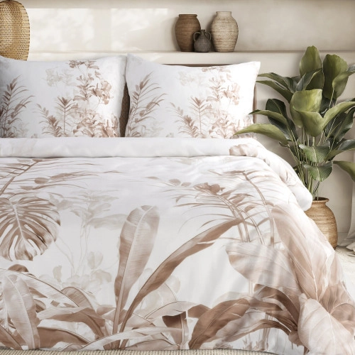 Obliečky 140x200 cm saténové s motívom listov, biele a hnedé