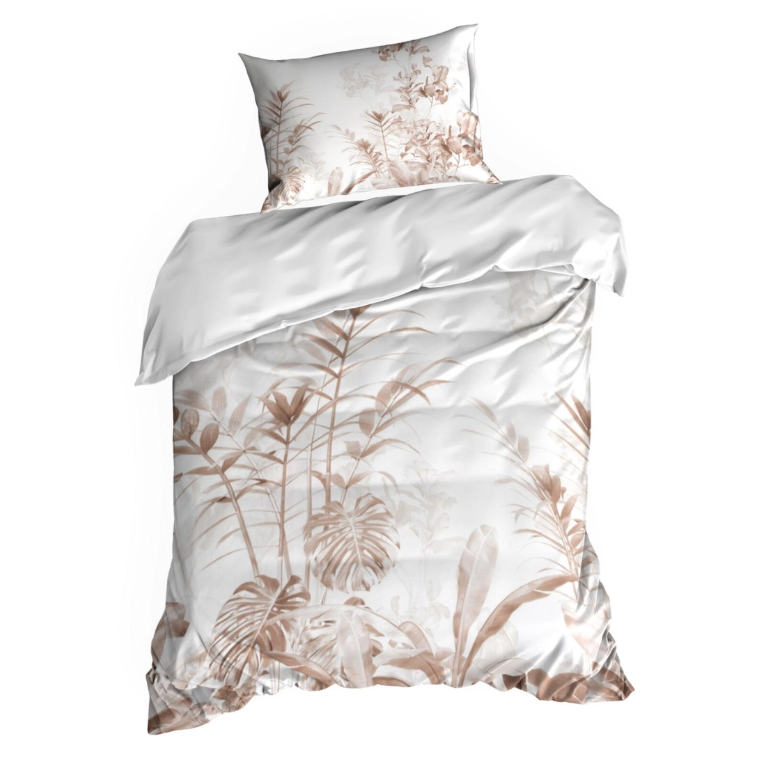 Saténové povlečení 140x200 cm s motivem listů, bílé a hnědé