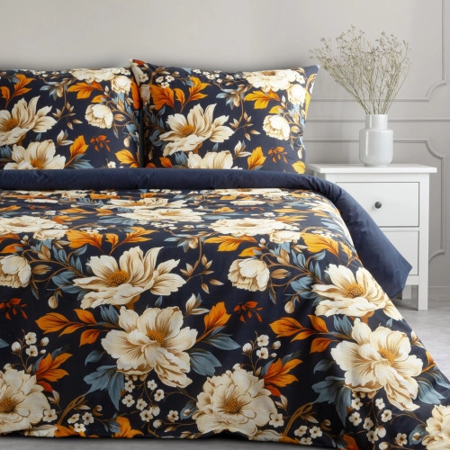 Obliečky 160x200 cm bavlnené renforcé s kvetinovým motívom, modré a oranžové