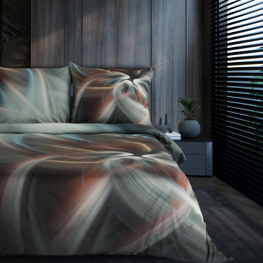 Povlečení 160x200 cm z bavlněného saténu, abstraktní, ocelové a tyrkysové
