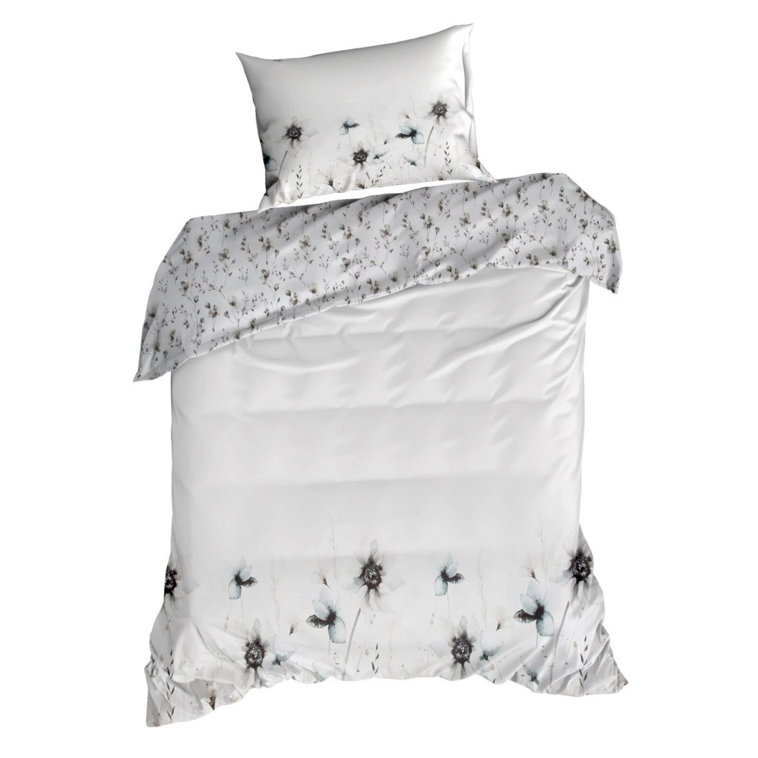 Obliečky 160x200 cm saténové s kvetinovým vzorom biele a béžové