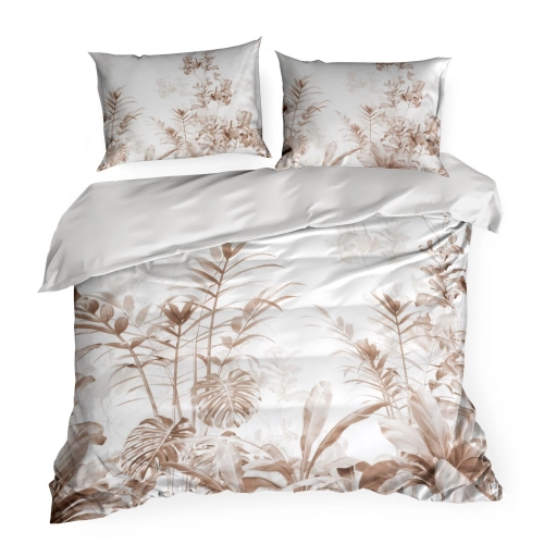 Obliečky 160x200 cm saténové s motívom listov, biele a hnedé