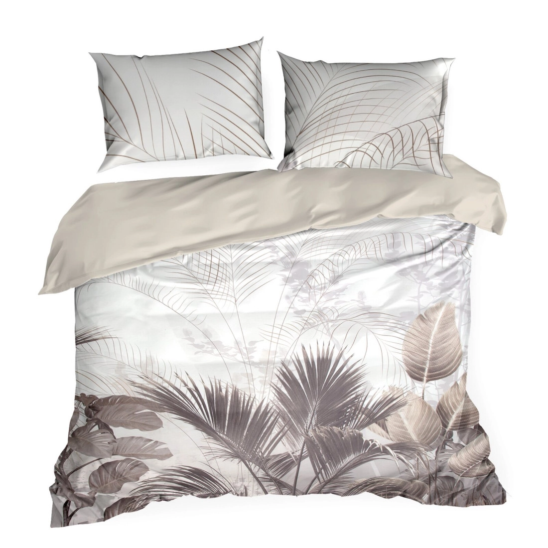 Obliečky 160x200 cm saténové s motívom palmových listov krémové a béžové