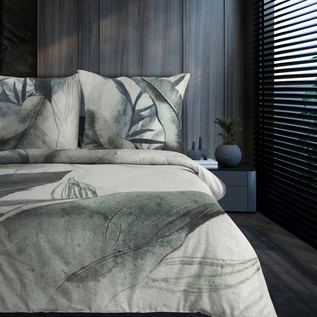 Saténové povlečení 160x200 cm s rostlinným vzorem, světle šedé a mentolové