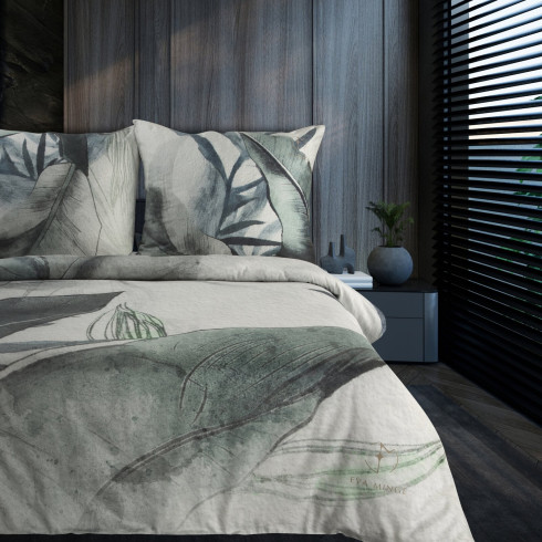 Obliečky 160x200 cm saténové s rastlinným vzorom, svetlosivé a mentolové