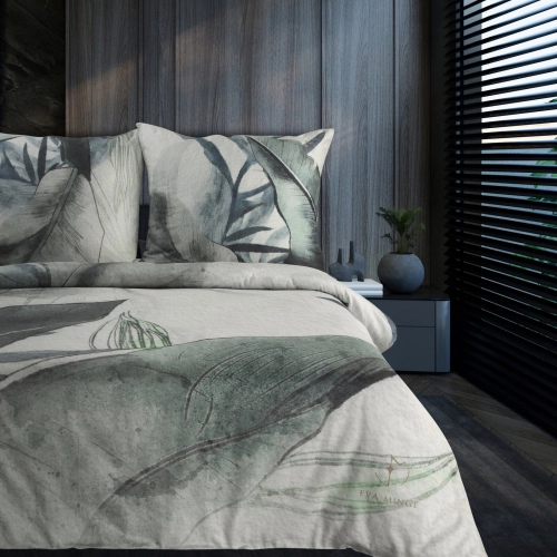 Obliečky 160x200 cm saténové s rastlinným vzorom, svetlosivé a mentolové