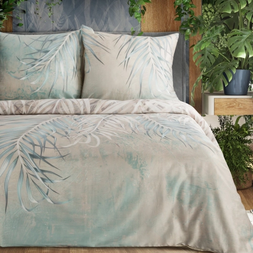 Povlečení 220x200 cm z bavlněného saténu s motivem listů, béžové a tyrkysové