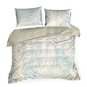 Obliečky 220x200 cm bavlnené saténové s motívom listov, béžové a tyrkysové