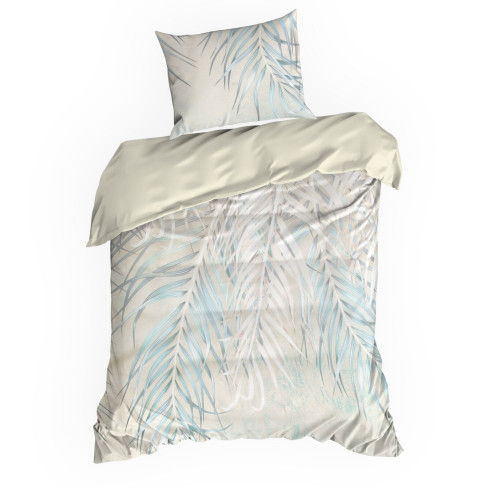 Obliečky 220x200 cm bavlnené saténové s motívom listov, béžové a tyrkysové