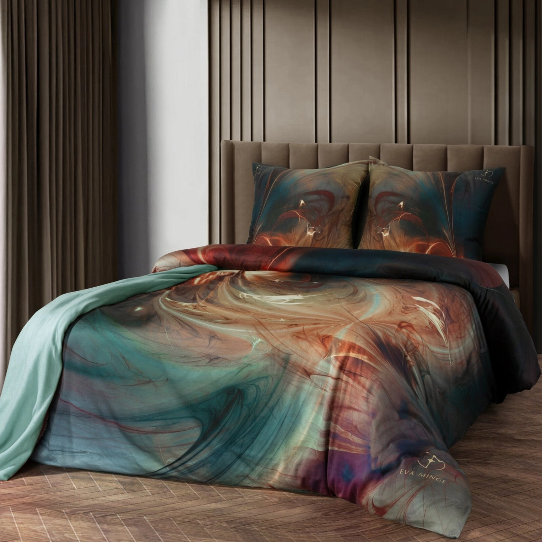 Povlečení 220x200 cm saténové bavlněné abstraktní, lahvově zelené a oranžové