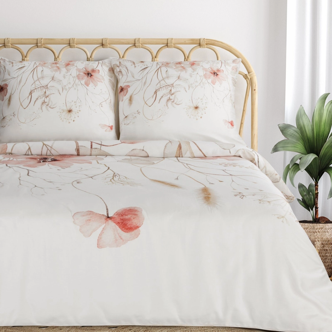 Povlečení 220x200 cm saténové bavlněné s květinovým motivem, bílé a růžové