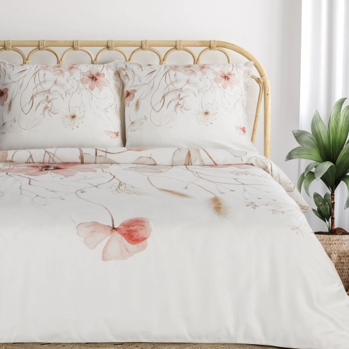Obliečky 220x200 cm saténové bavlnené s kvetinovým motívom, biele a ružové