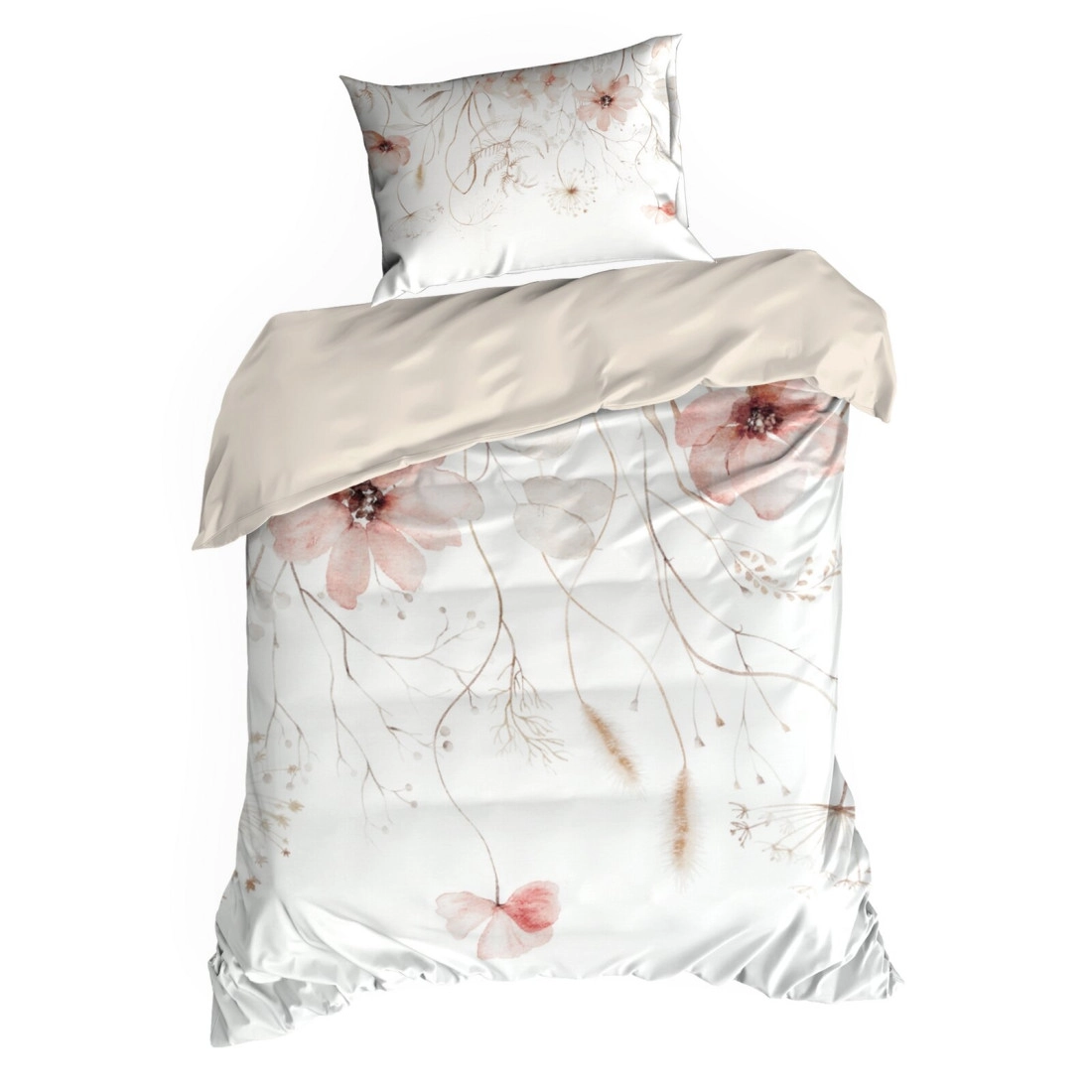 Povlečení 220x200 cm saténové bavlněné s květinovým motivem, bílé a růžové